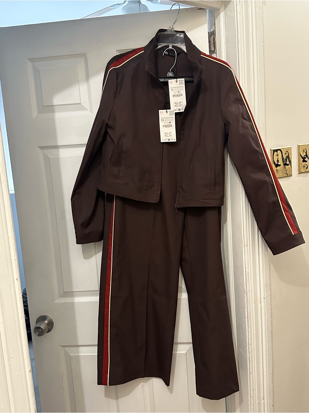 Zara Brown Two-Piece Track Jacket and Pants with Red and White Stripes